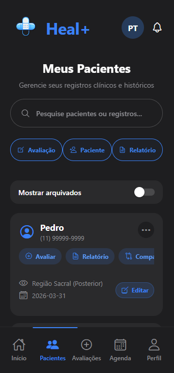 Tela de pacientes real do aplicativo Heal+